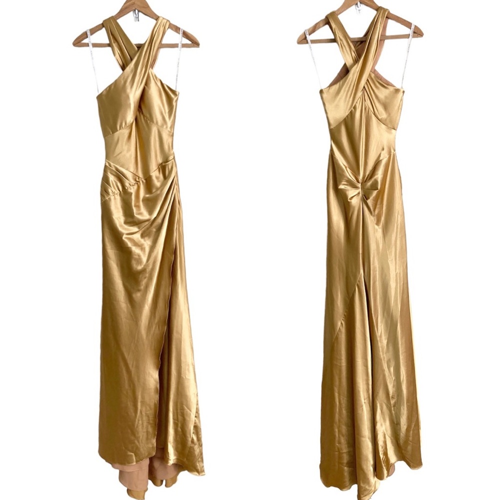 Le Gala Tony Bowls Gold Satin Halter Maxi Dress